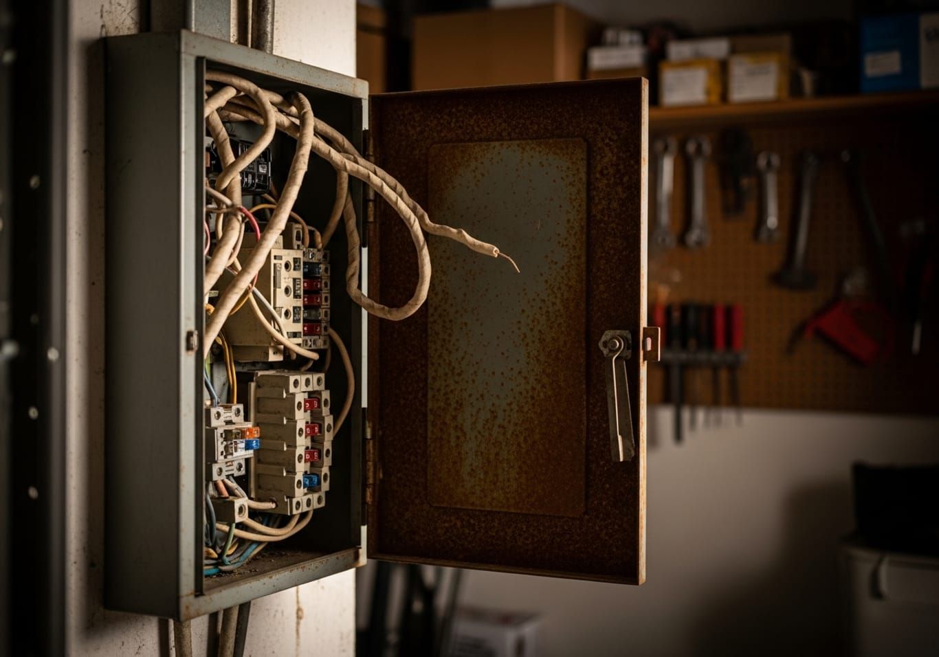Outdated fuse box with exposed wiring before an electrical upgrade