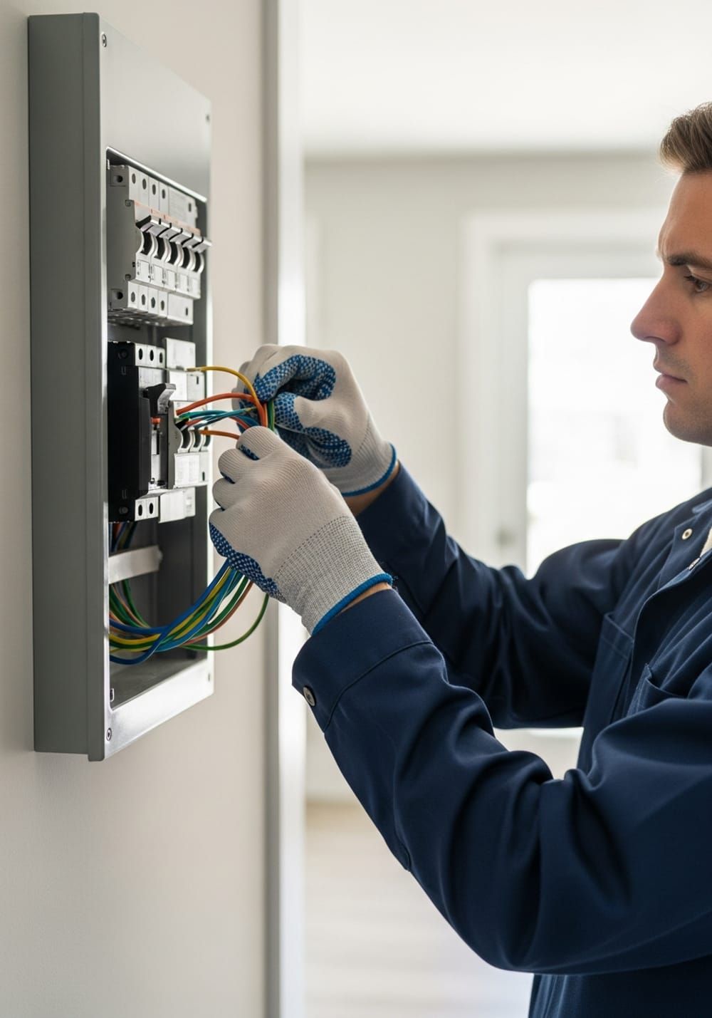 Licensed electrician installing a new electrical panel in a Palm Beach County home