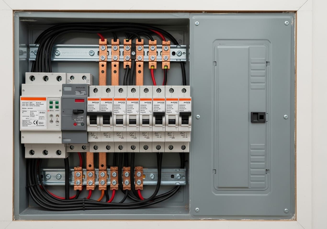 Annotated diagram of a residential electrical panel showing breakers, bus bars, and grounding