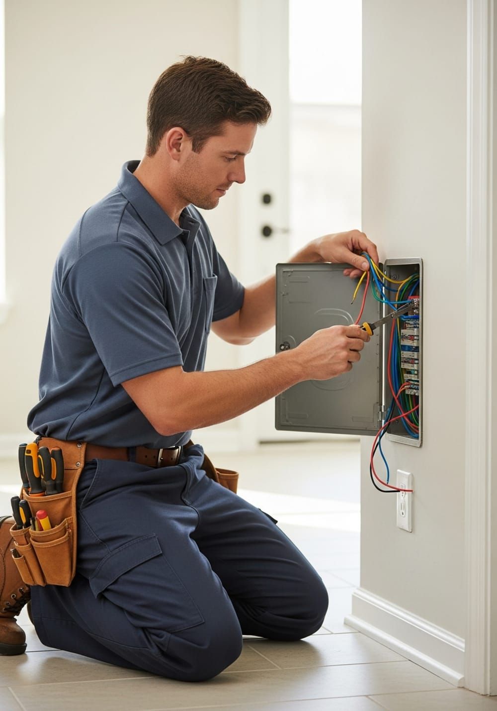 Licensed electrician working on a panel in Palm Beach County, Florida